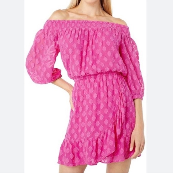 Lilly Pulitzer Dresses & Skirts - Lilly Pulitzer Rochelle Off the Shoulder Vibrant Pink Romper Dress